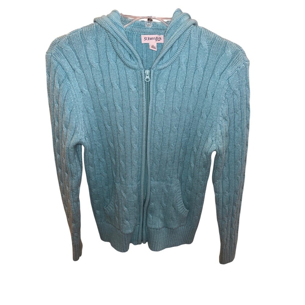St. John's Bay Turquoise Cable-Knit Zip Hooded Cardigan Women's Size S